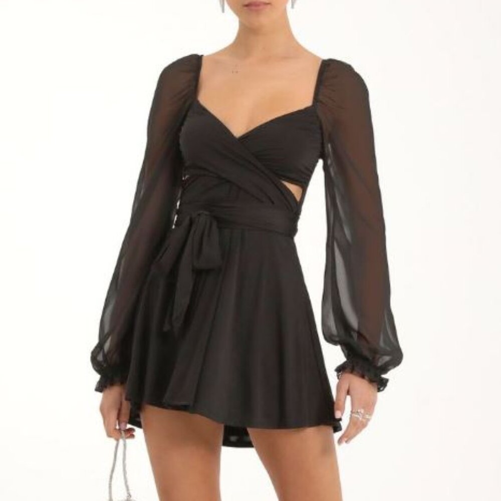 Lucy in the Sky Puff Chiffon Wrap Mini Dress in Black